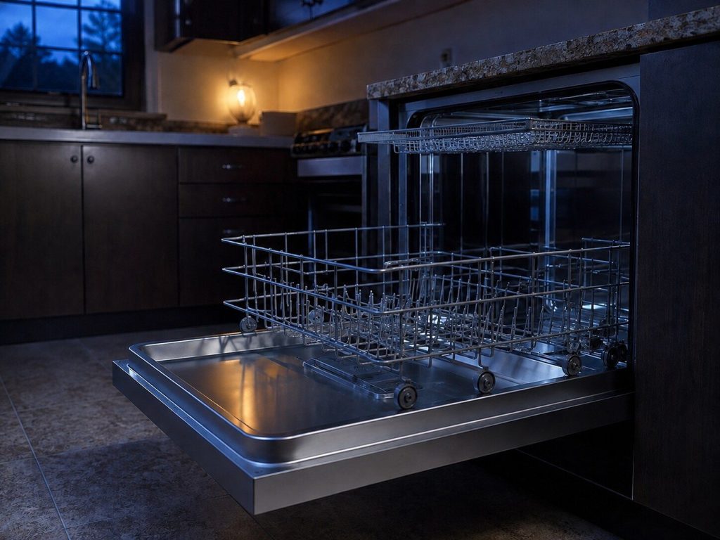 A dishwasher door open to horizontal in a dark kitchen with the lower rack rolled halfway out and the slim third rack visible above it, all empty.