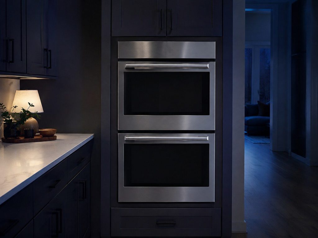 A double wall oven built into a tall cabinet run, both doors closed, seen straight on from about four feet in a dark kitchen.