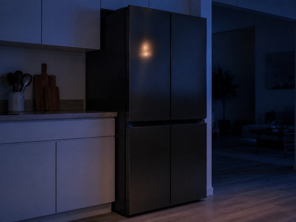 A tall four-door French door refrigerator standing flush at the end of a run of flat slab-front kitchen cabinets, photographed three-quarter from the left at counter height.