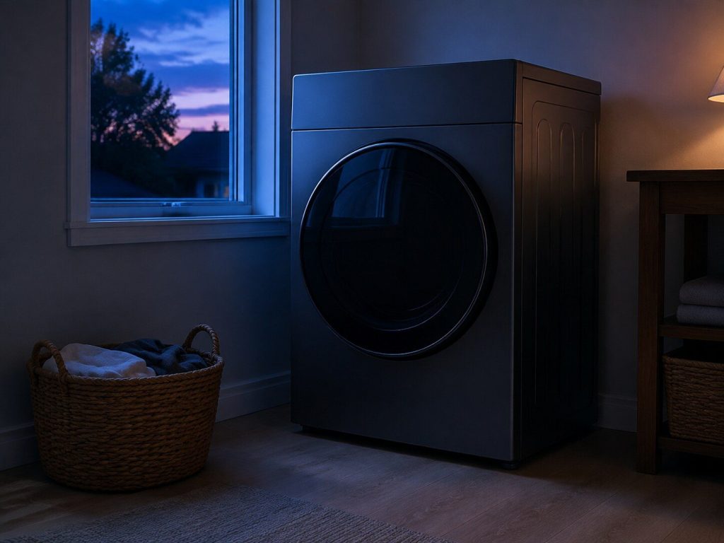 A front-load dryer standing beside a small laundry-room window at dusk, door closed, the deep blue light from the window falling across its flat front and the wall beside it.