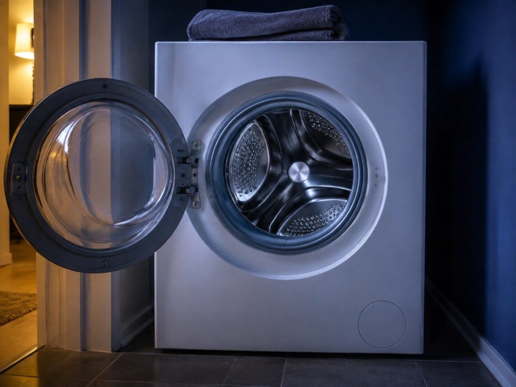 A front-load washing machine standing in a laundry room with its door swung fully open, the empty stainless drum and the grey rubber door boot catching one cool light.