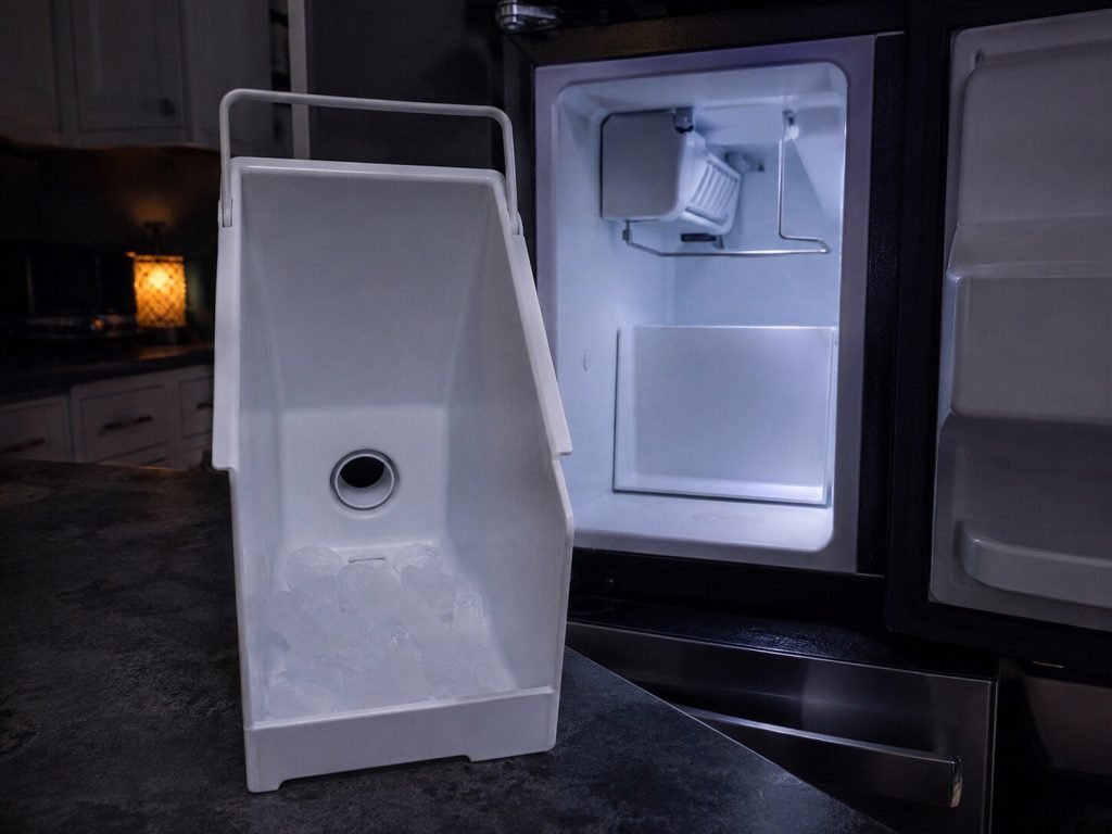 A deep narrow white plastic ice storage bin with a hoop handle across its top and a round auger opening in its back wall, lifted out and standing on a dark kitchen counter, with the empty ice compartment it came from visible behind it inside an open freezer door — a small insulated recess with an ice maker mold and a metal fill arm above it, not a food shelf.