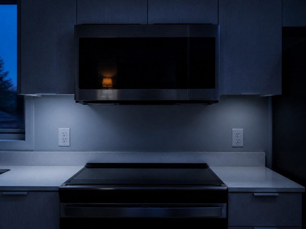 An over-the-range microwave mounted above a cooktop in a contemporary kitchen at night, door closed, seen from standing height straight on.