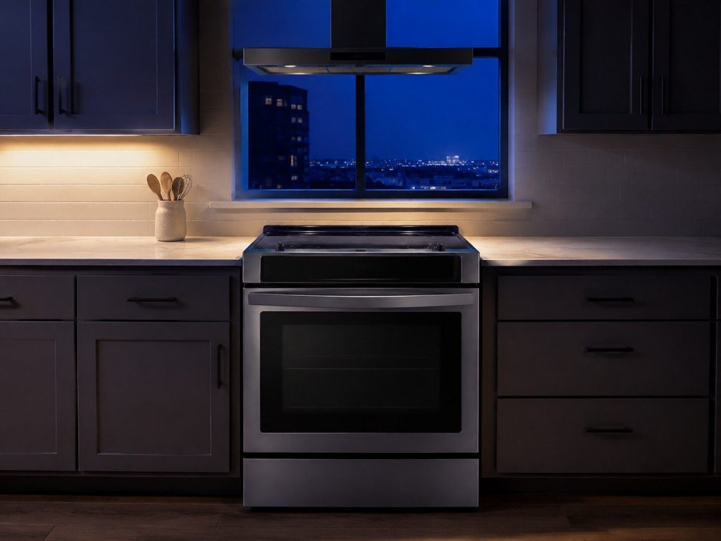 A slide-in range fitted between two runs of quartz counter in a contemporary kitchen at night, cooktop clean and empty, oven door closed, a low chimney hood above it.