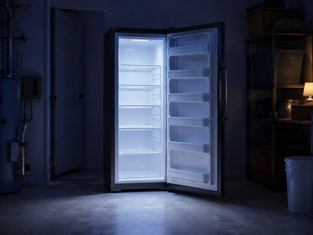 A tall single-door upright freezer standing against the wall of a utility room with its door open, the interior shelves empty and lit by their own cool white light, throwing a rectangle of light across a concrete floor.