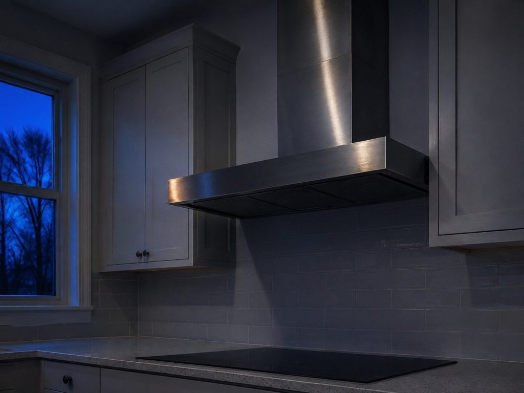 A wall-mounted stainless chimney hood above an empty cooktop, photographed from below and slightly to the side so the underside and the flue both read.