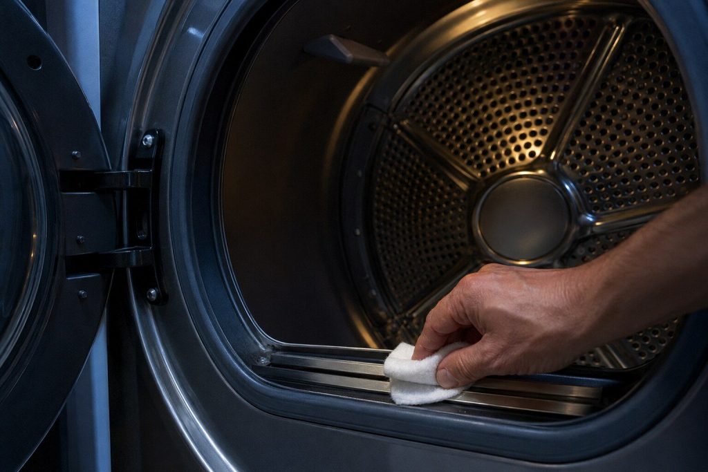 A cotton pad drawn across the two metal sensor bars just inside the front of a dryer drum, a clean band showing where it has passed.