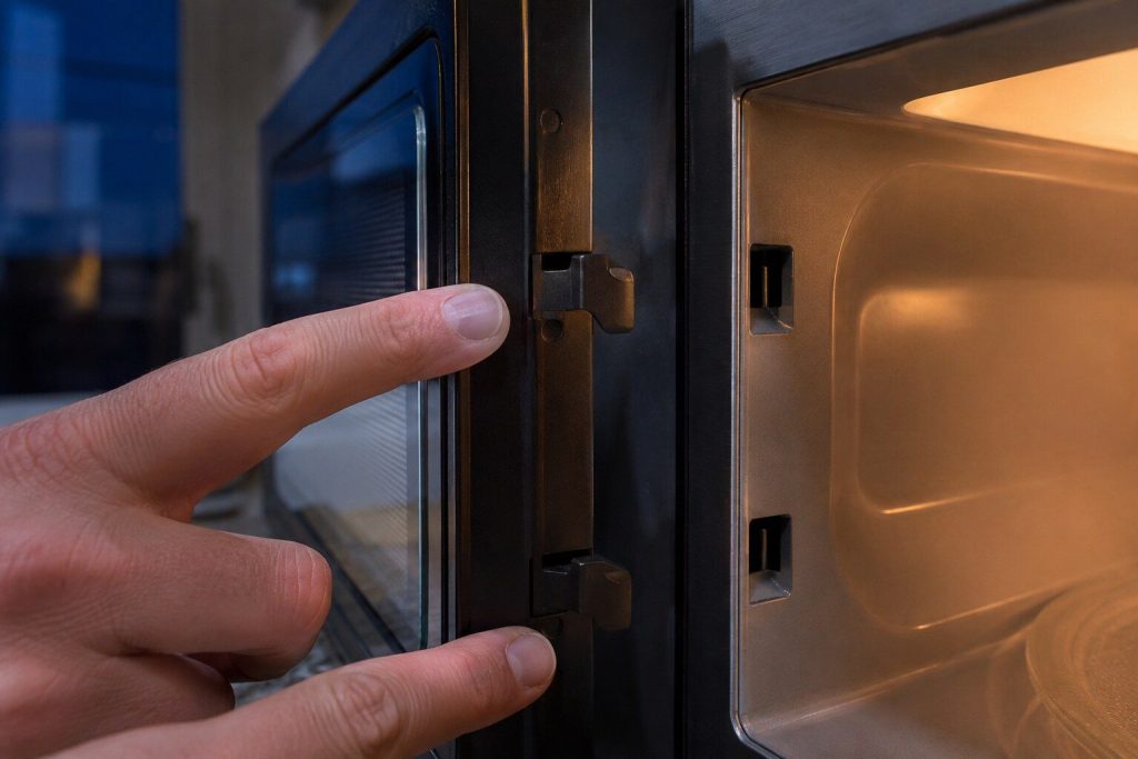 Fingers resting on the two plastic latch hooks along the edge of an open microwave door, the matching slots in the cavity frame beside them.