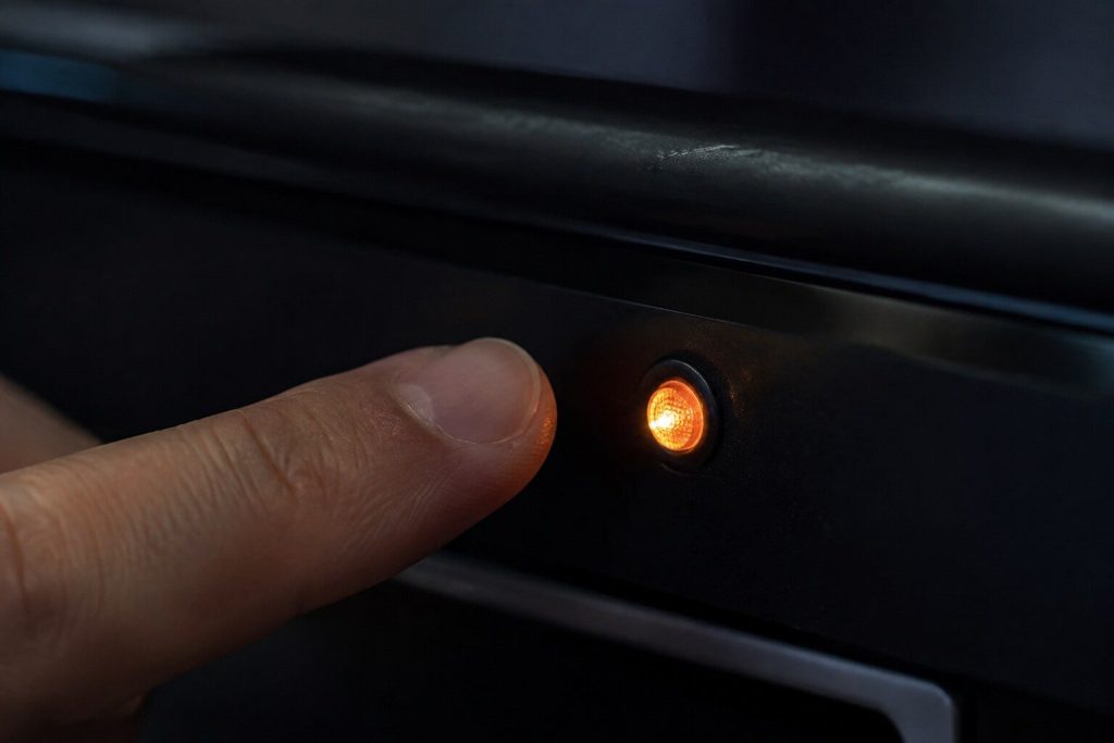An extreme close up of a single small round indicator lamp lit on a dark dishwasher fascia with a fingertip held beside it, everything else in the frame black and out of focus.