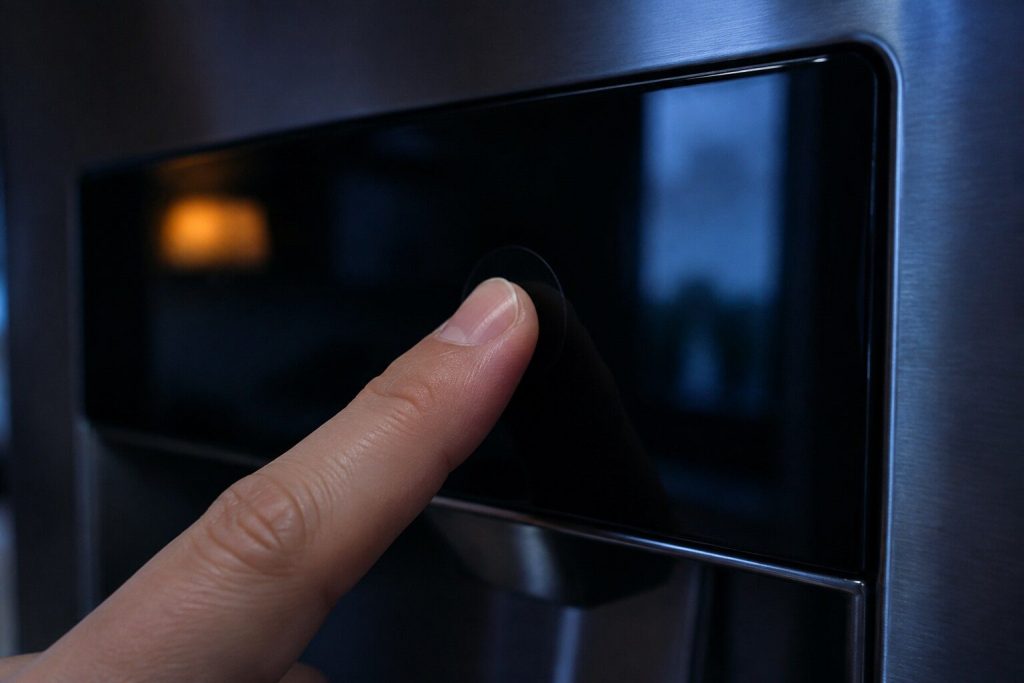 A fingertip resting on a single unlit touch key on the dispenser panel in a refrigerator door, the rest of the panel black and free of any text.