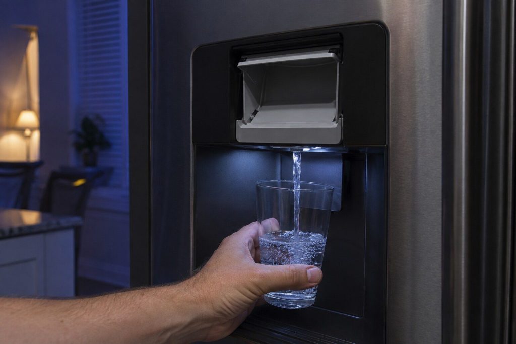 A hand holding a glass under a refrigerator door dispenser with a clean stream of water running into it and the ice chute above standing open and dry.