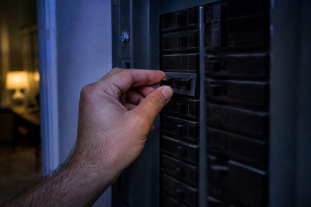 A hand pushing a double household breaker fully off and back on in an open electrical panel, the rows of other breakers around it and their labels far out of focus and unreadable.