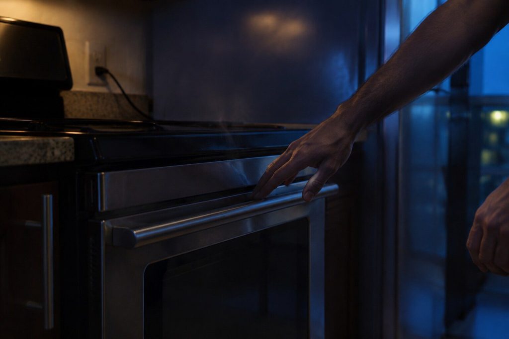 A hand resting on the handle of a closed oven door that has not opened, the other hand held back at the edge of frame, faint heat haze above the door.
