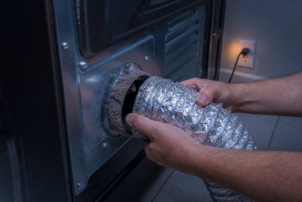 Two hands drawing the flexible foil duct off the round outlet at the back of a dryer that has been pulled forward, a ring of packed lint left around the collar.
