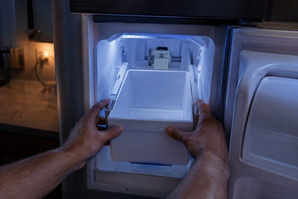 Two hands pushing an empty ice bucket back into its bay in a freezer door until it seats on its rails, the drive coupling visible at the back of the bay.