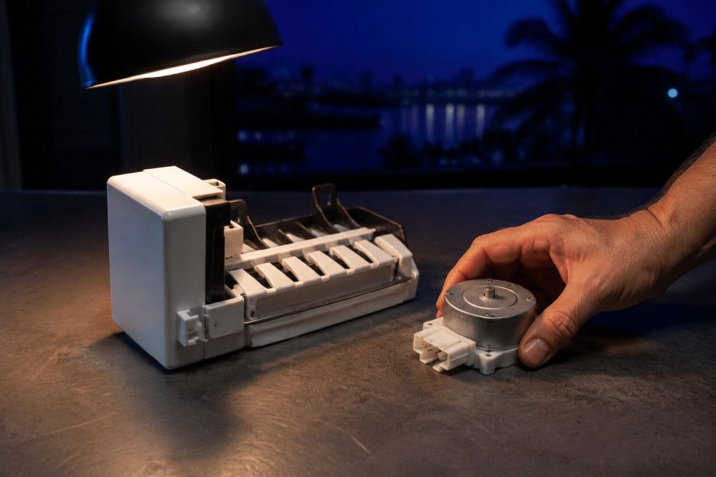An ice maker module and a small drive motor lying side by side on a plain workbench under one lamp, a hand just setting the second one down.