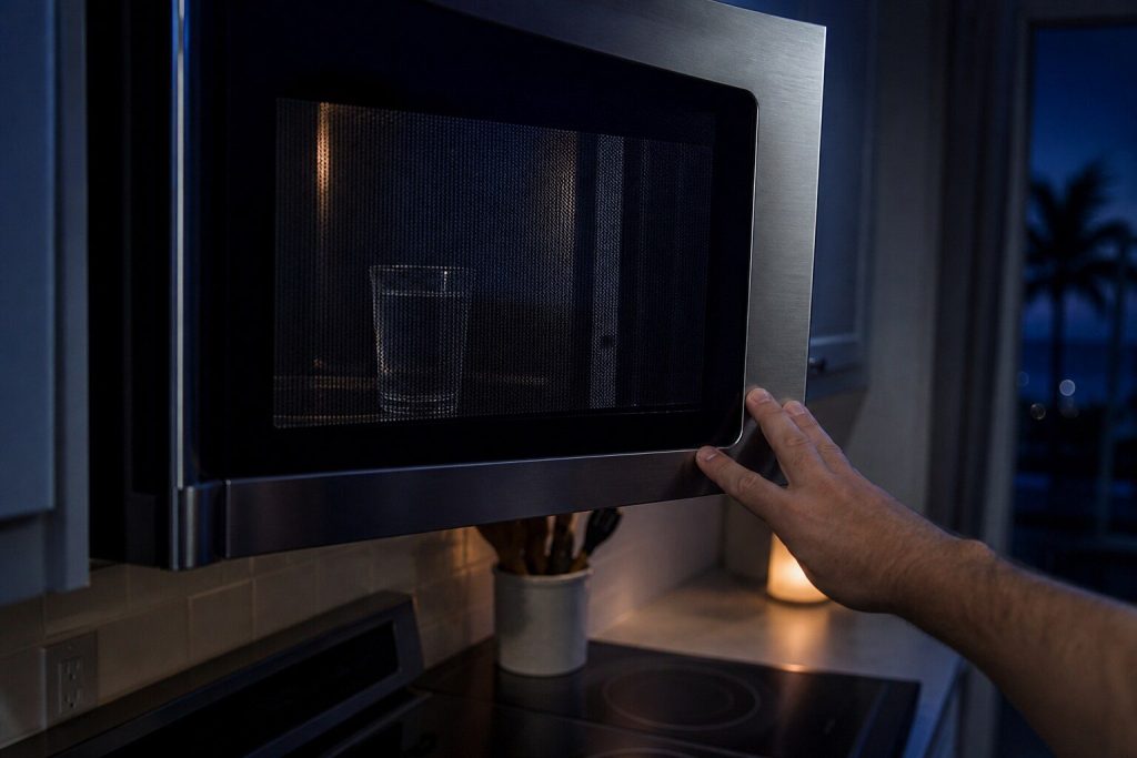 A hand pushing the door of an over the range microwave shut, a plain glass of water just visible through the window as the door closes.