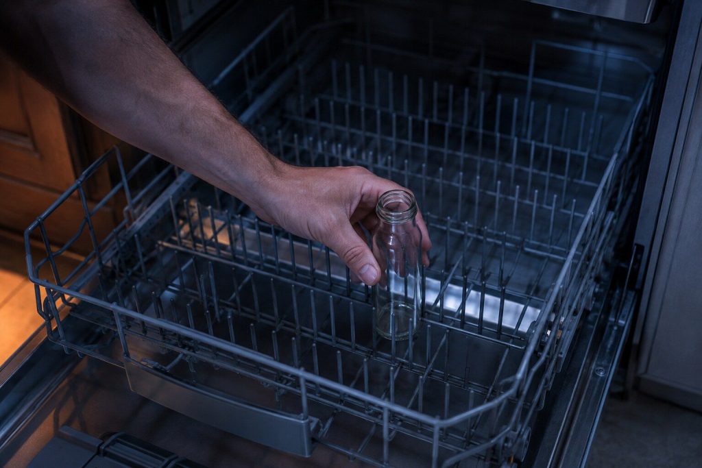 A hand standing a small open bottle upright between the tines of an otherwise empty dishwasher lower rack.