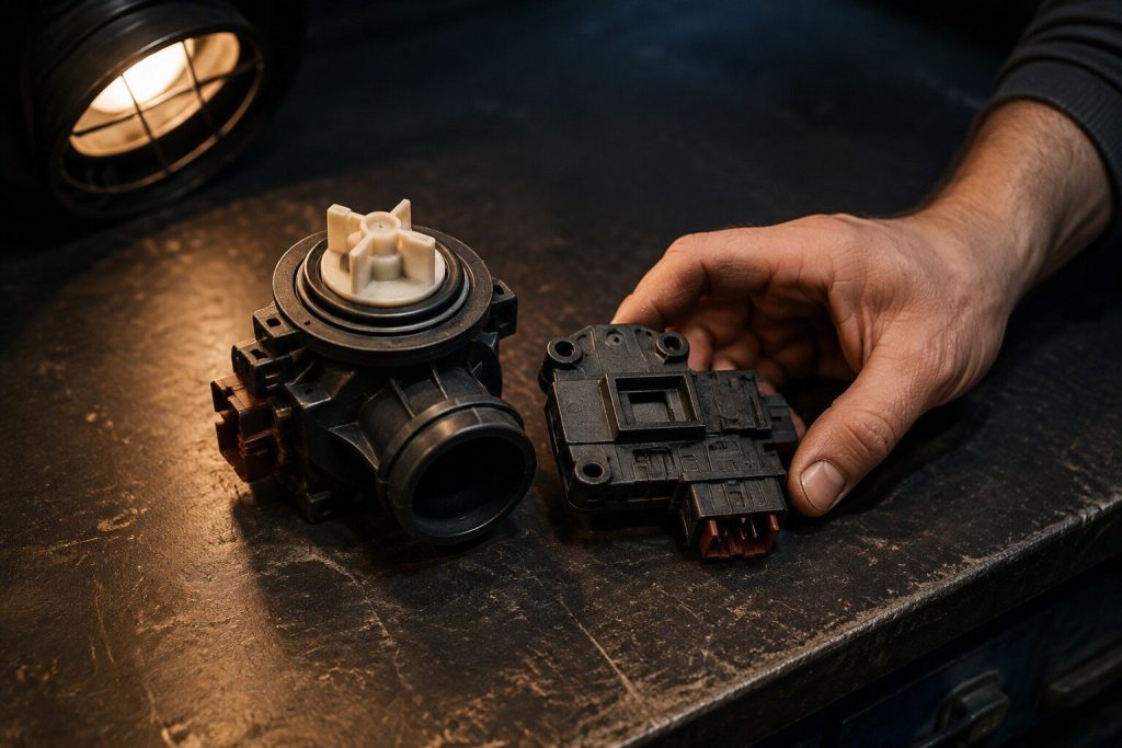 A washer drain pump and a door interlock switch laid out side by side on a dark workbench under one lamp, a hand squaring the second against the first.