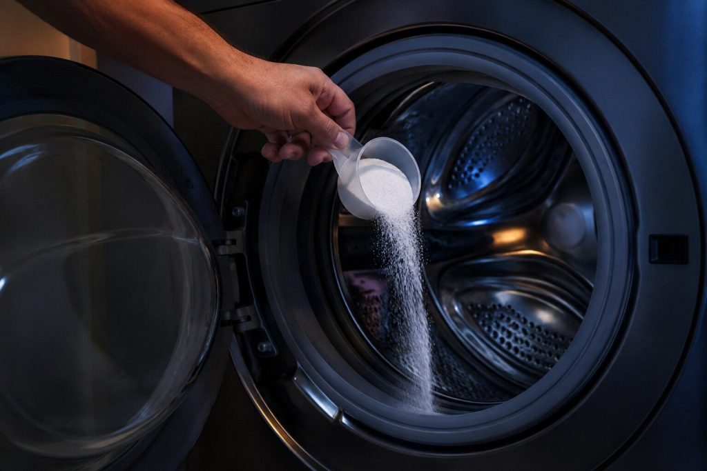 A hand tipping white powder from a small scoop into the empty stainless drum of a front load washer through the open door.