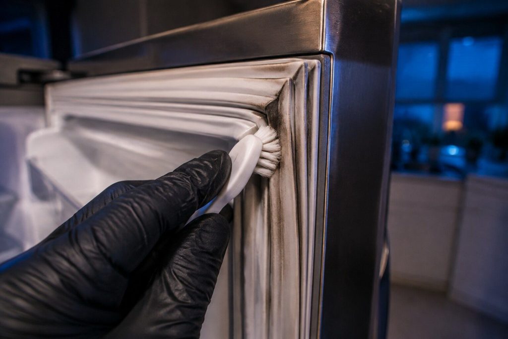Gloved fingers pushing a small soft brush into the folds of a refrigerator door gasket, a dark line of soil ahead of the bristles and clean rubber behind.