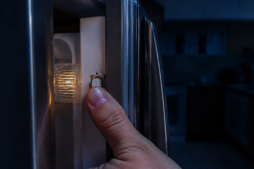 A thumb pressing the small plunger switch in the frame of an open refrigerator door and the interior lamp going out beside it.