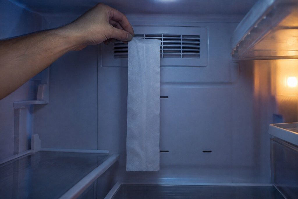 A strip of tissue held up in front of the vent grille in the back wall of a refrigerator's fresh food compartment, hanging straight down and not lifting.