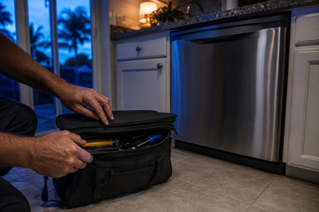 Two hands closing the lid of a soft tool case standing on a kitchen floor at the end of a visit, the appliance behind it back in its opening.