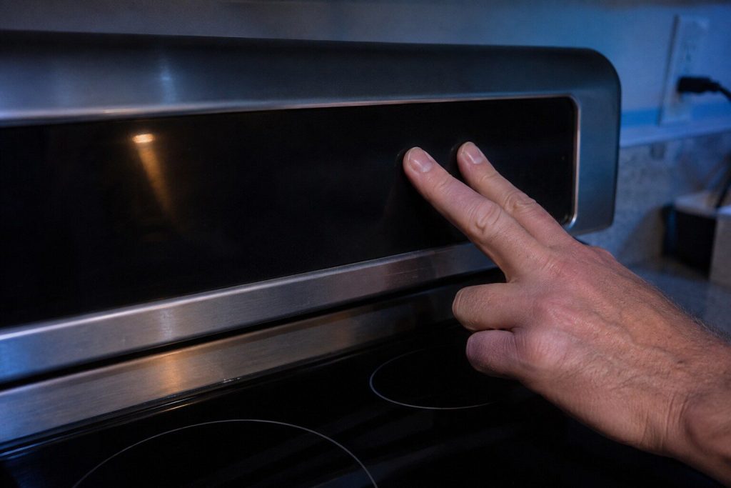 Two fingers pressed and held on a pair of unmarked touch controls at the end of an oven's control strip, nothing lit under them, the dark cooktop below.