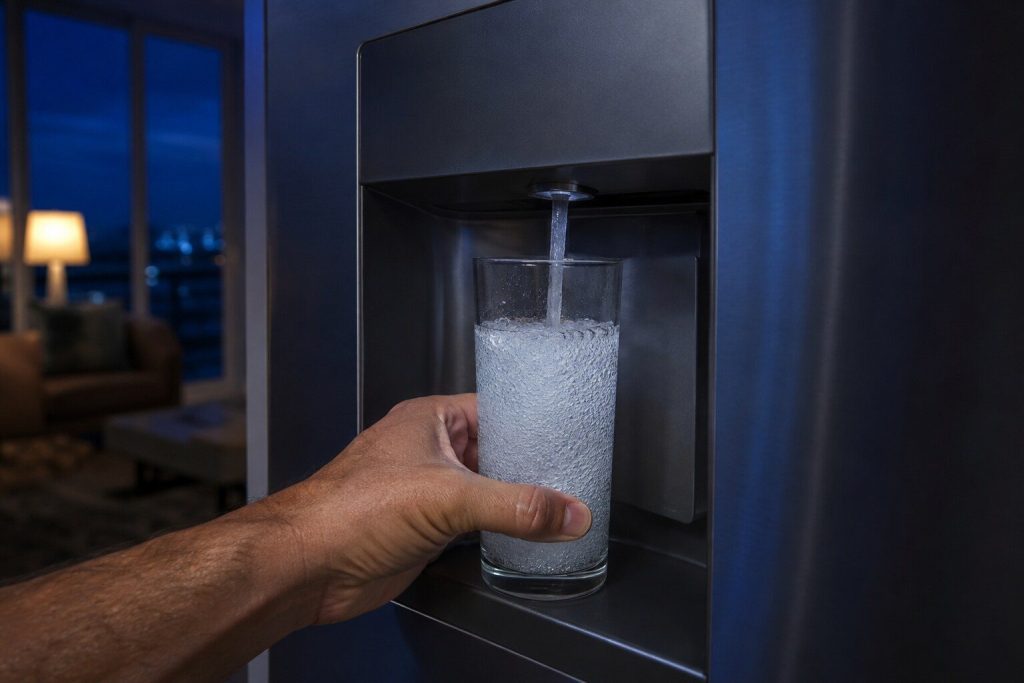 A hand holding a tall glass under a refrigerator dispenser as it fills with water full of fine air bubbles turning it cloudy white.