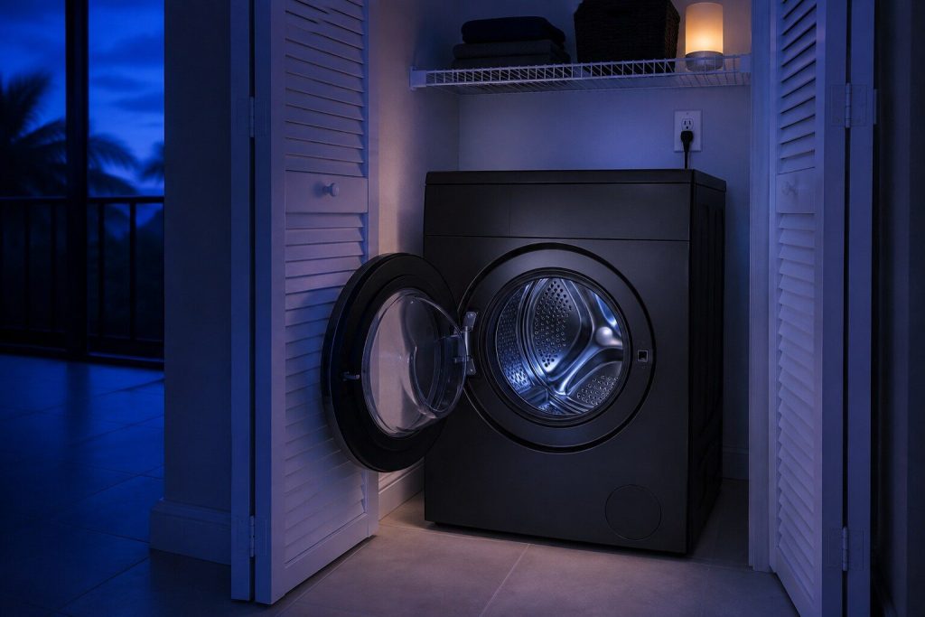 A single brushed black front loading machine standing alone in a condo laundry closet with its round door open on an empty drum — one cabinet that both washes and dries, no second machine above or beside it.