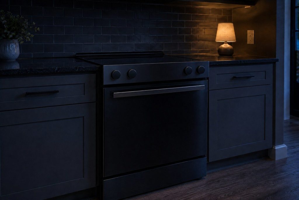 A freestanding range in a dark BLACK STAINLESS finish set between deep gray cabinets in a near-black kitchen, its smooth top and its door reading as one dark shape with only the handle catching a cool highlight.