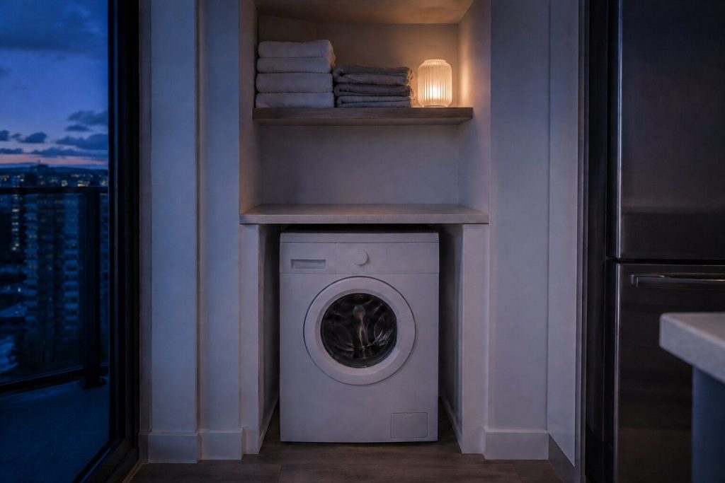 A small white front load washer fitted under a worktop in a narrow apartment laundry recess, its round door closed and a shelf of folded linen directly above it, the machine visibly shorter and narrower than a full-size cabinet.