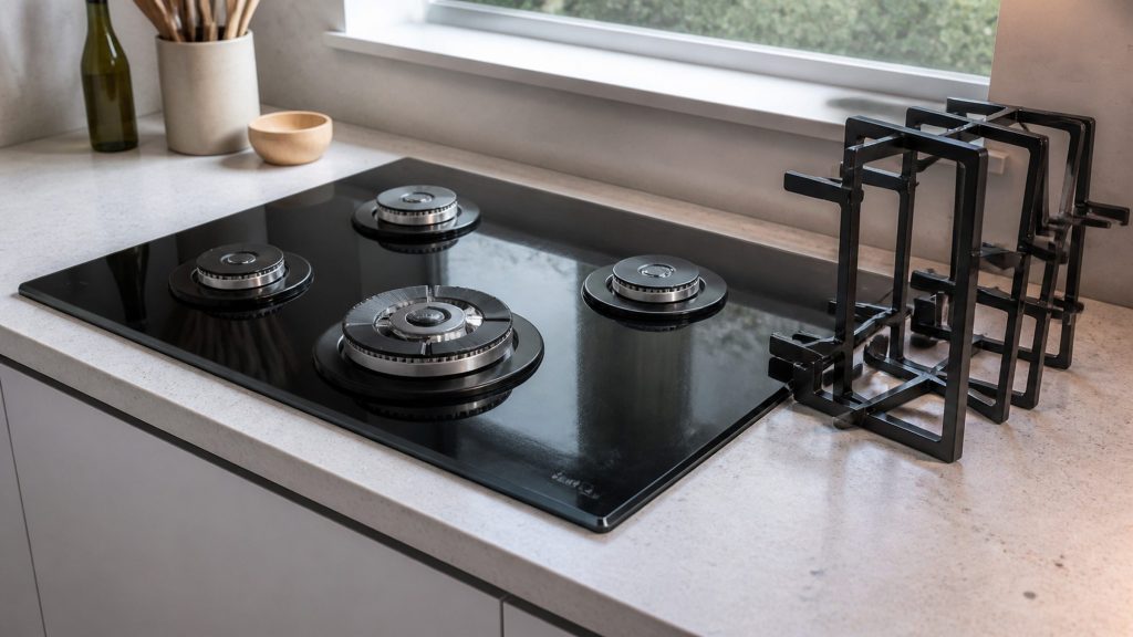 sealed gas burners sitting on a single sheet of black glass — this SKU is gas-on-glass