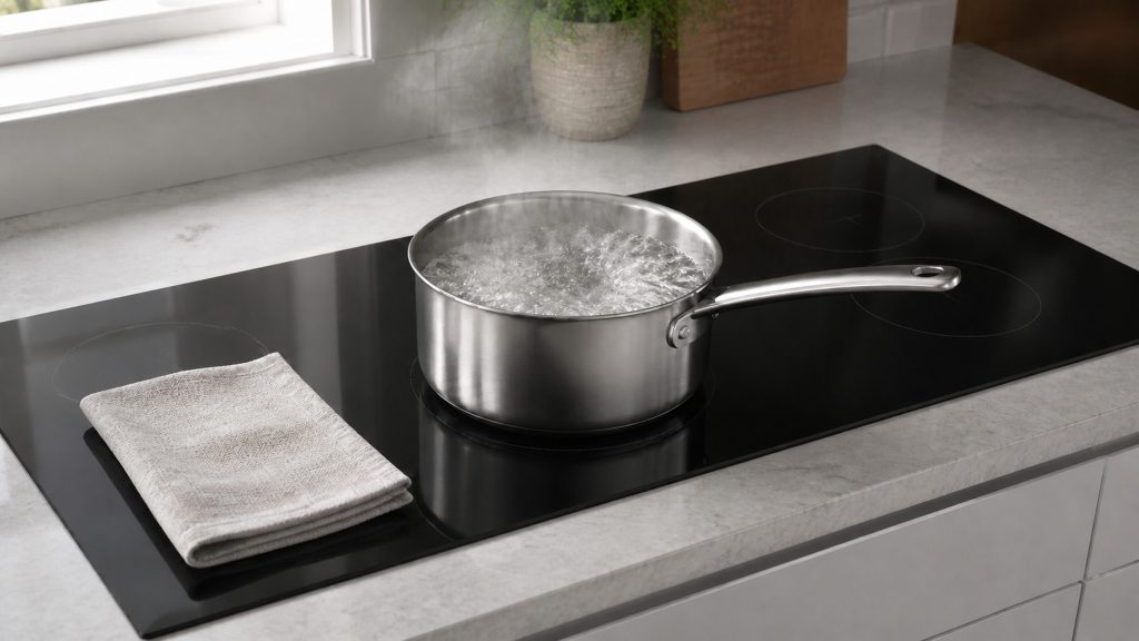 a pan at a rolling boil on one zone of a 30-inch induction cooktop, the glass around it dry — the 30-inch induction