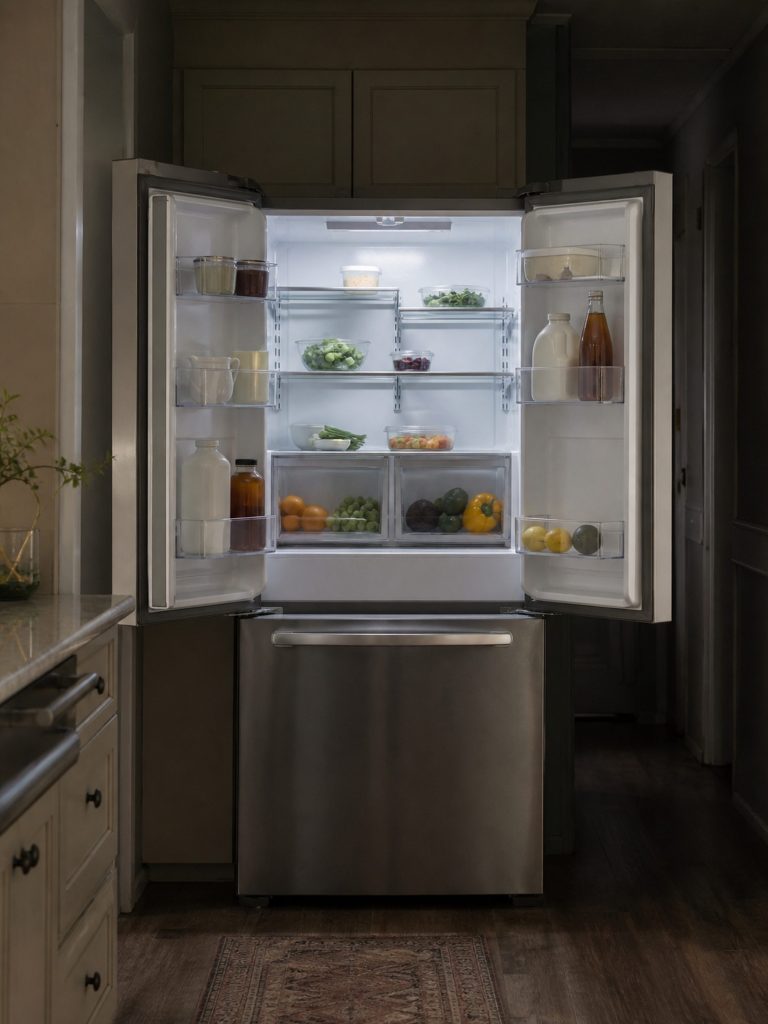 a counter-depth French door refrigerator with both doors swung wide on lit, half-loaded shelves — an 18 cu ft counter-depth three-door exactly