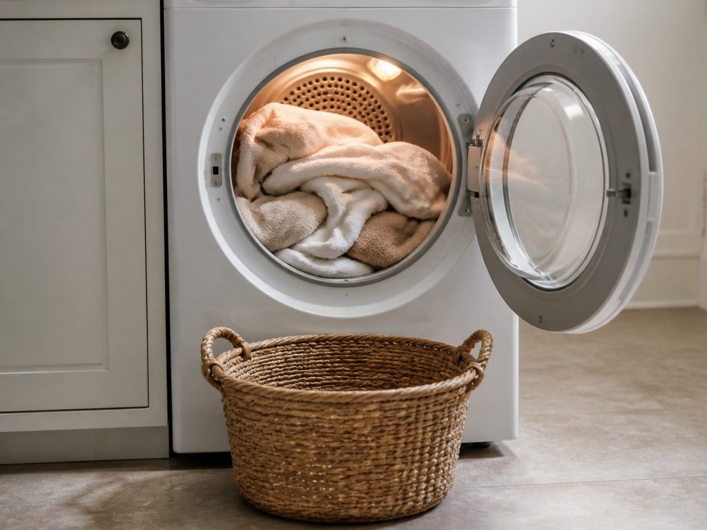 a dryer door open at the end of a cycle on warm towels heaped in the drum, a basket waiting