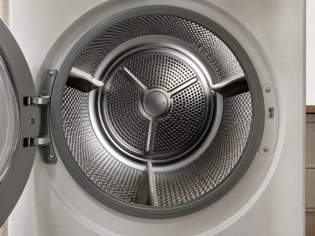 the empty stainless drum of a front-loading dryer through the open door, three lifting vanes