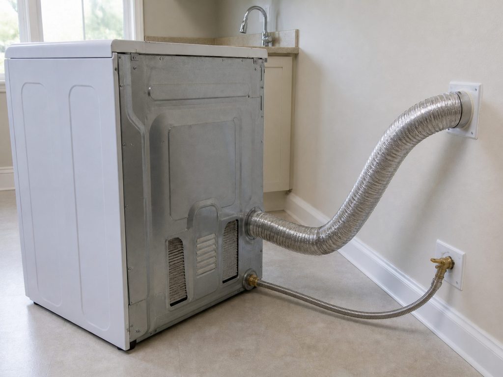 the back of a GAS dryer pulled from the wall, the vent duct and the gas connection visible — this is the gas SKU of the pair above