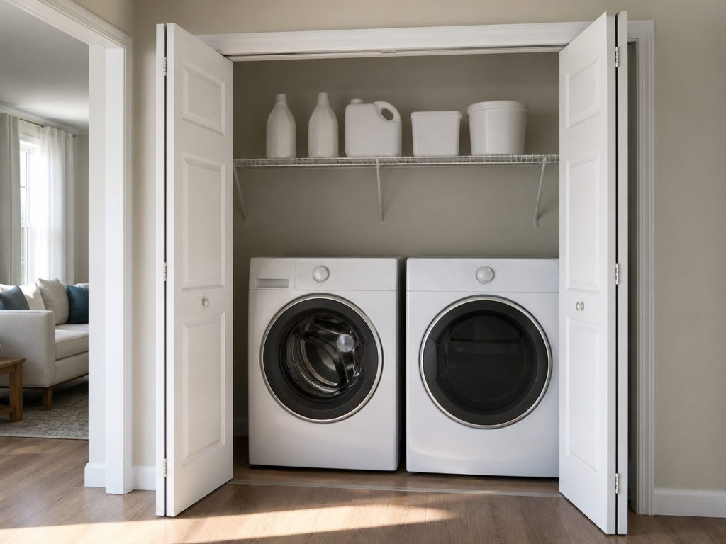 a washer and dryer standing side by side in a laundry closet — this record is a washer and dryer BUNDLE, and the photograph is the pair