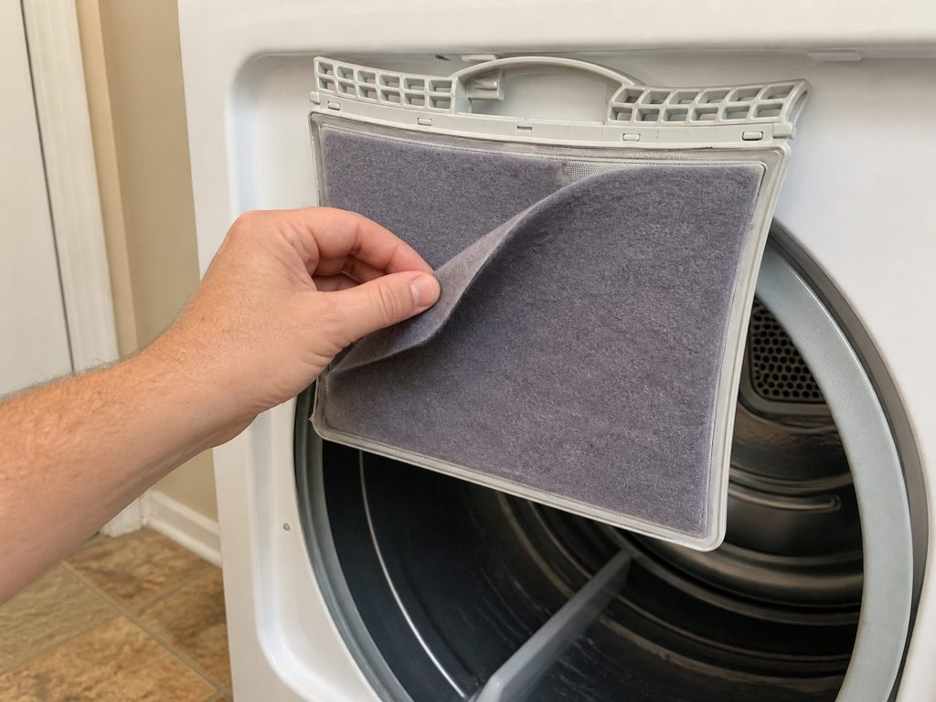 a lint screen drawn up out of the door opening with a mat of lint across it