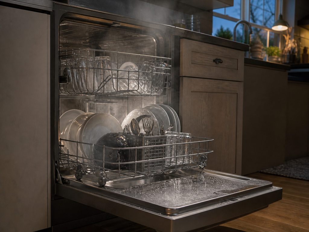 the door dropped open right after a cycle with steam still rising — the drying step this line is sold on