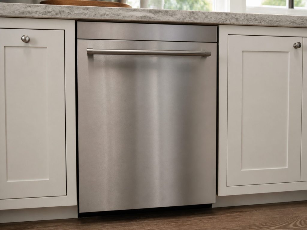 a stainless dishwasher front with the control panel across the top of the door and a bar handle below — this line's fascia