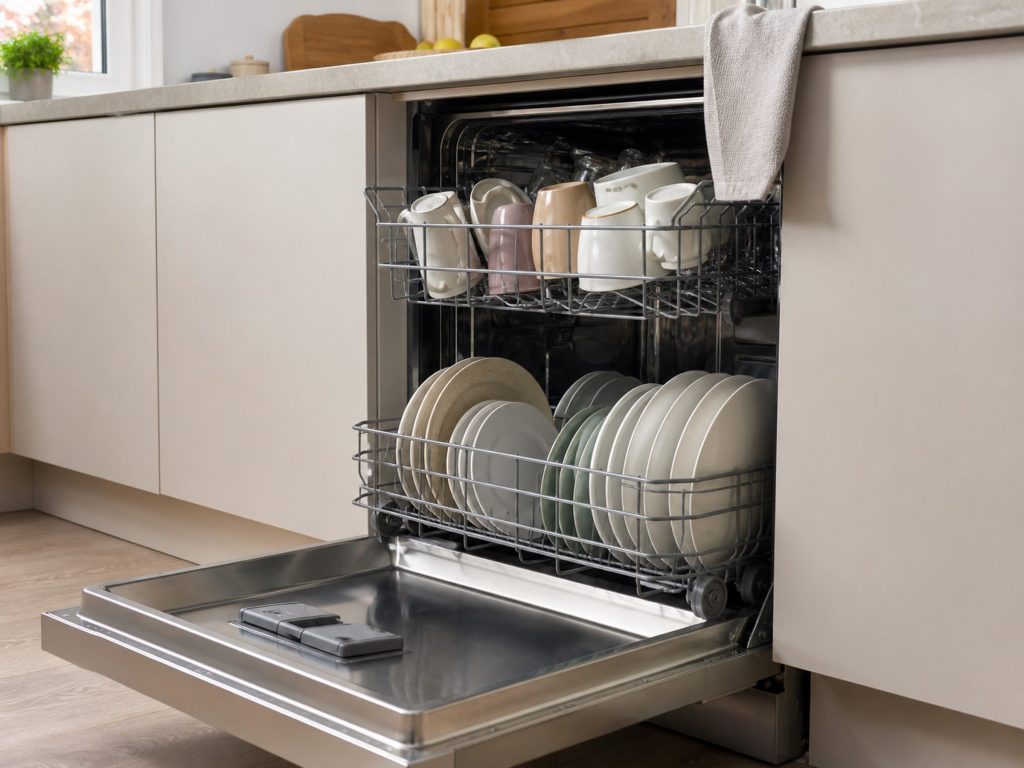 an open dishwasher loaded on both racks, door flat — the everyday view of a front-control dishwasher