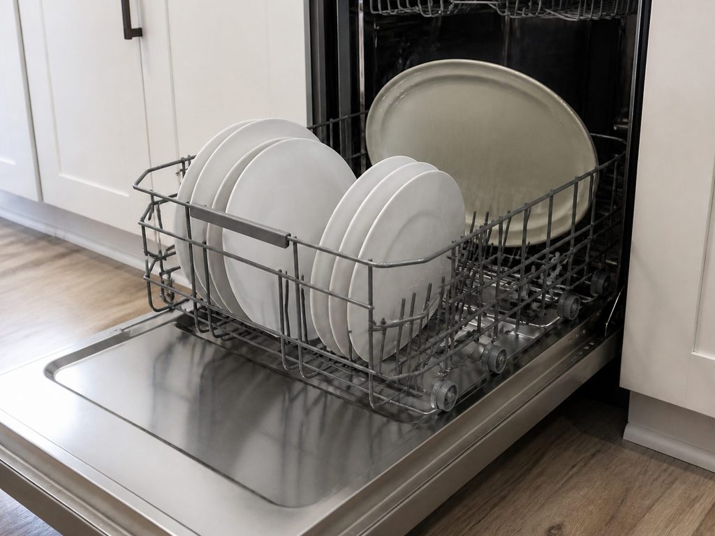 the lower rack rolled out with dinner plates standing on edge between the tines