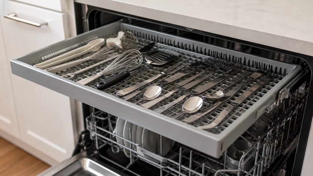 the shallow third-level rack pulled out with cutlery lying flat across it — this line carries a third rack