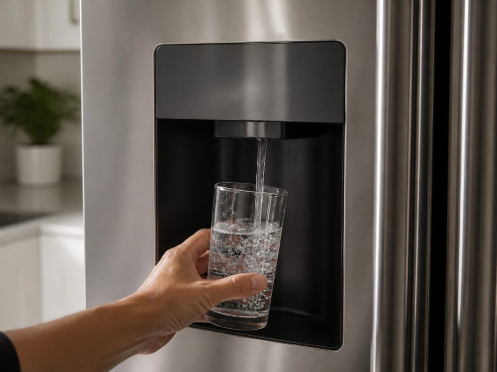 a glass held under a through-the-door water dispenser recessed into the door — this SKU is the one with the EXTERNAL dispenser