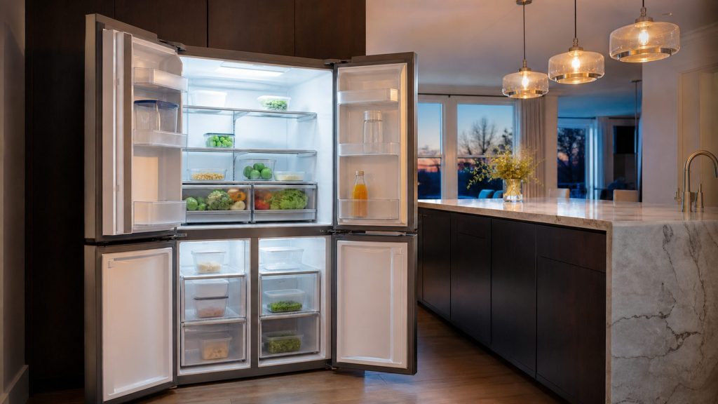a four-door refrigerator standing open in an evening kitchen — the 22 cu ft counter-depth four-door