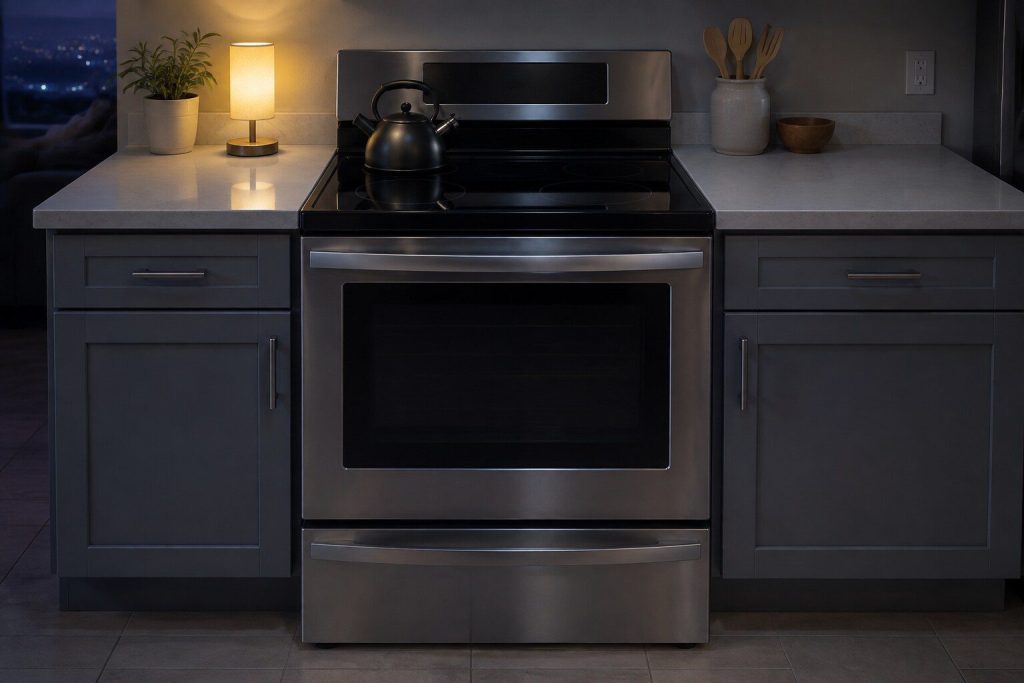 A stainless freestanding electric range with a smooth black radiant top standing between two base cabinets, its back console rising behind the surface and its oven door closed, a kettle at the back left.