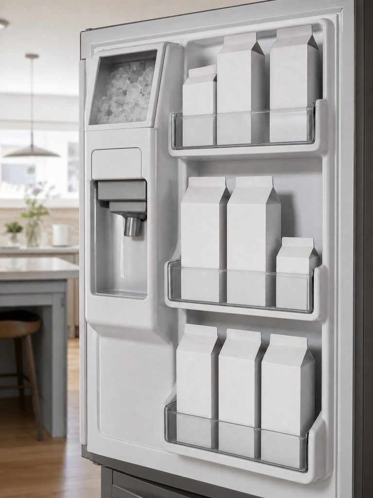 the inside of a refrigerator door carrying its ice compartment and water outlet — the record is the IN-DOOR ice maker page